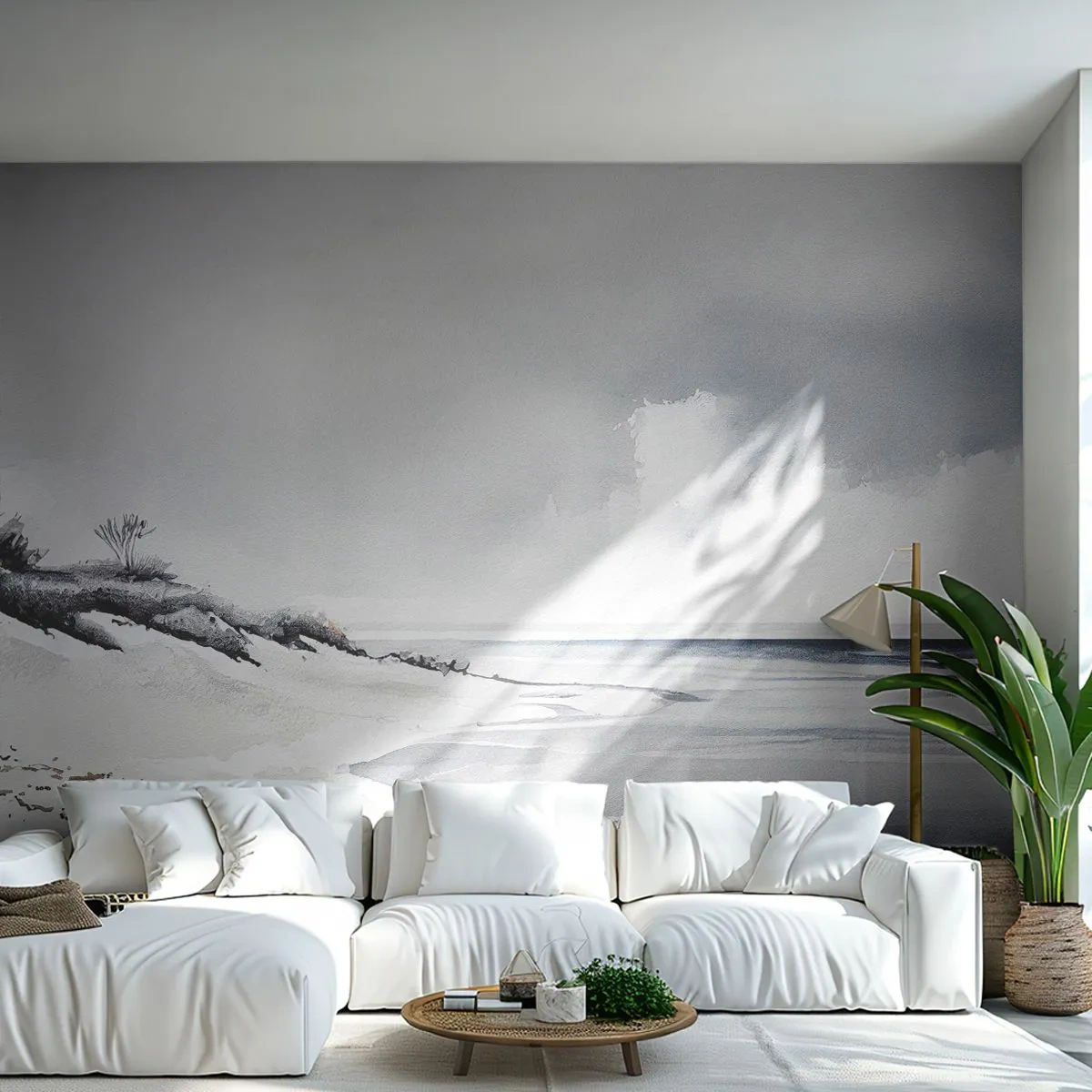 Fototapete Premium Sand - Grauer Himmel und ruhiges Meer neben einem weißen, leeren Strand - 100x70cm - Für immer zusammen - Moderne Wanddekoration für Wohnzimmer und Schlafzimmer ARTTOR