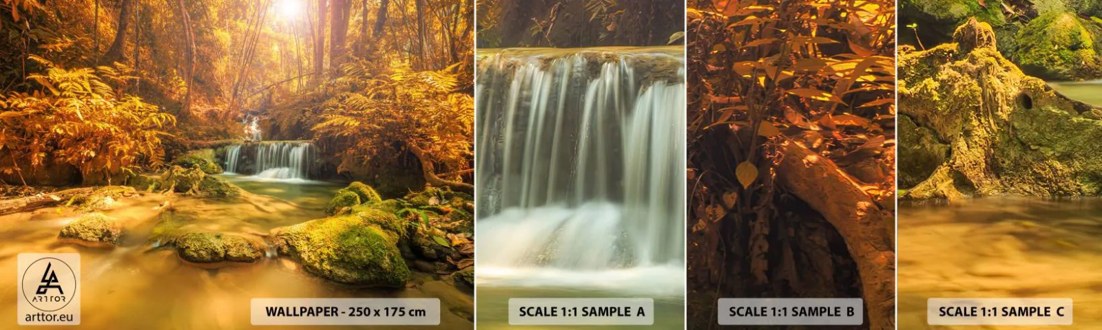 Fototapeten Muster Selbstklebend Deluxe Sticker - Waldkaskade in Gold - Landschaft, Wasserfall, Thailand - 100x30 cm