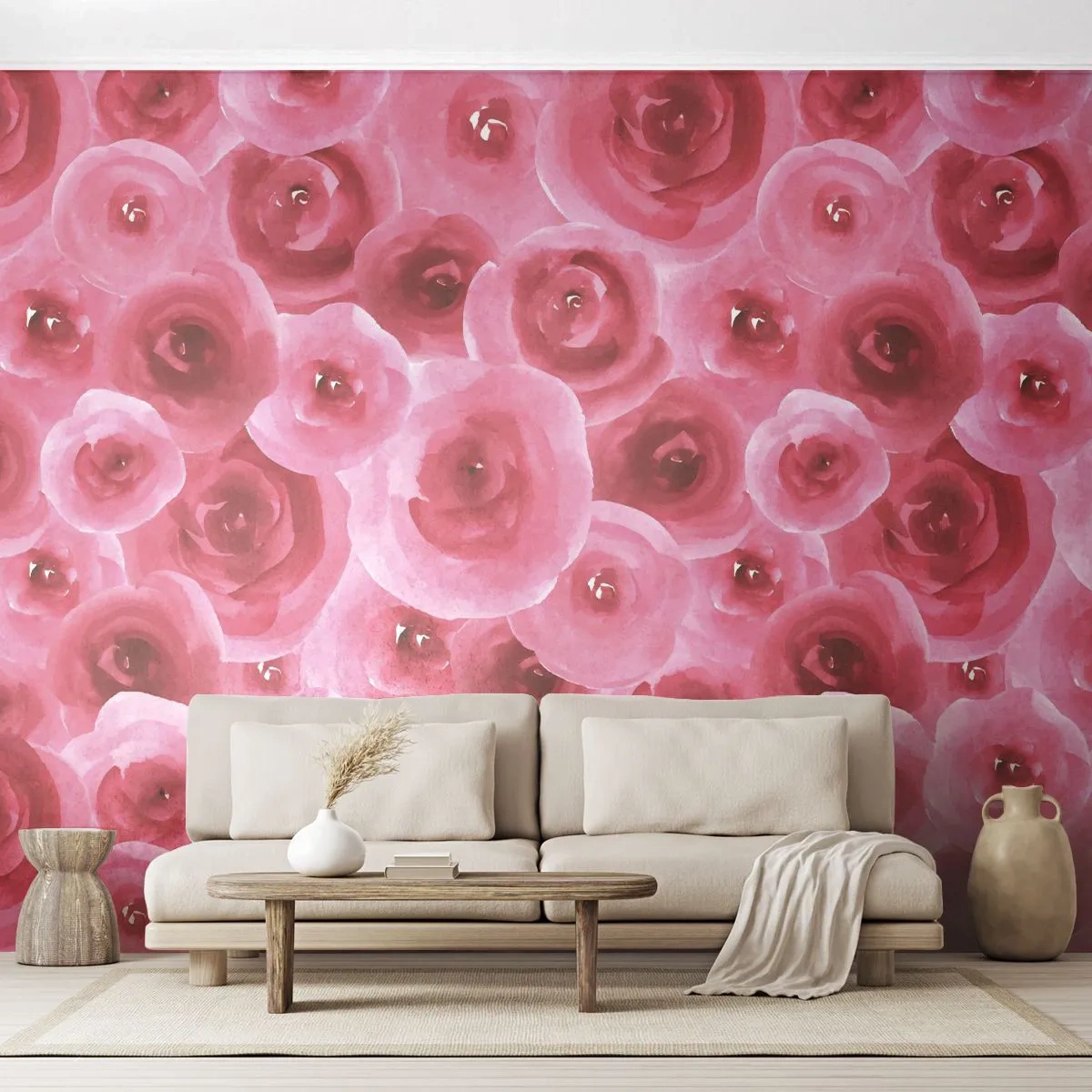 Fototapete Standard Eco - Rote und rosa Rosen im Allover-Aquarell-Stil - 100x70cm - Oben und unten Rosen - Moderne Wanddekoration für Wohnzimmer und Schlafzimmer ARTTOR