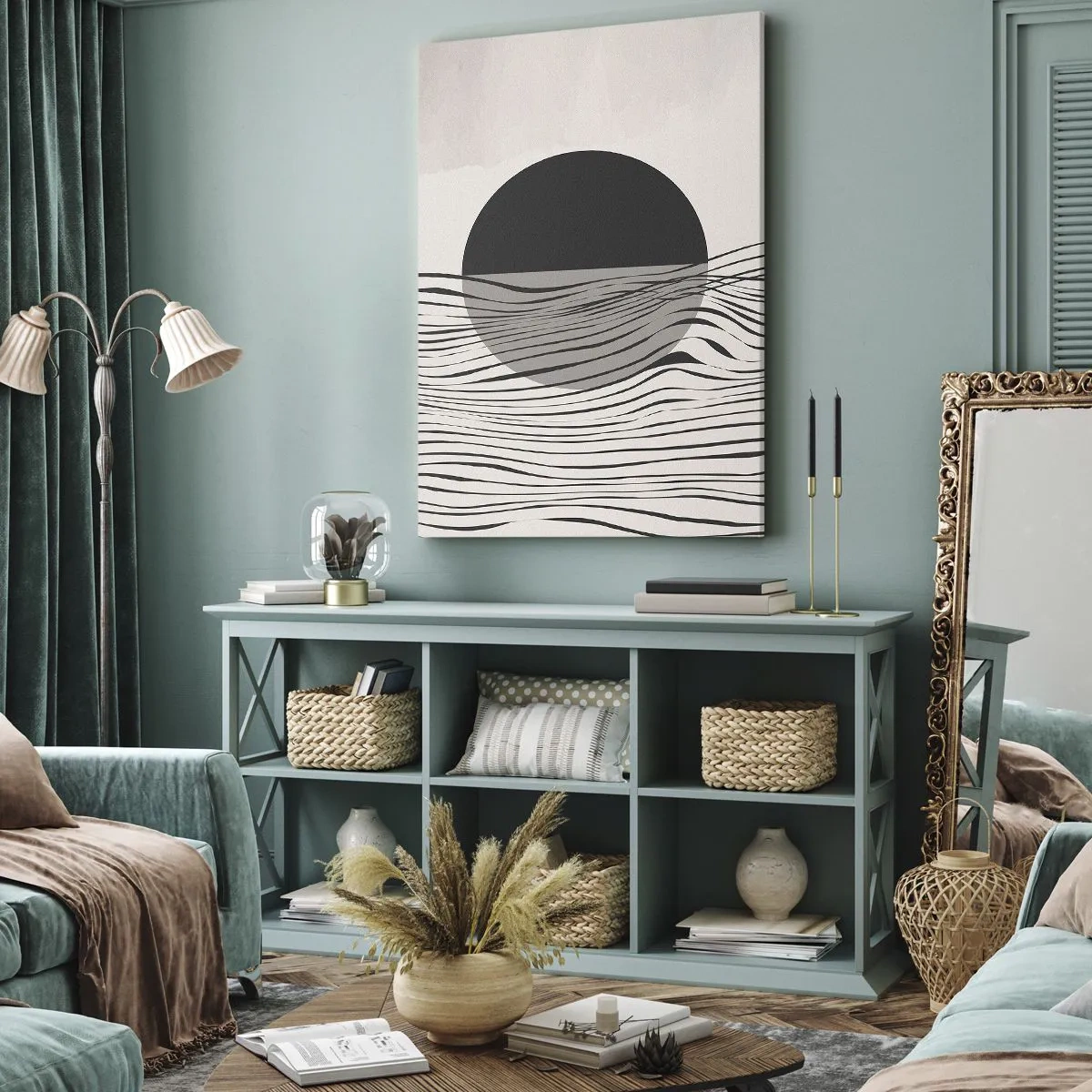 Bild auf Leinwand - Leinwandbild - Abstrakte Linien und geometrische Formen in gedeckten Farben - 70x100cm - Halbe Komposition - Moderne Wanddekoration für Wohnzimmer und Schlafzimmer ARTTOR