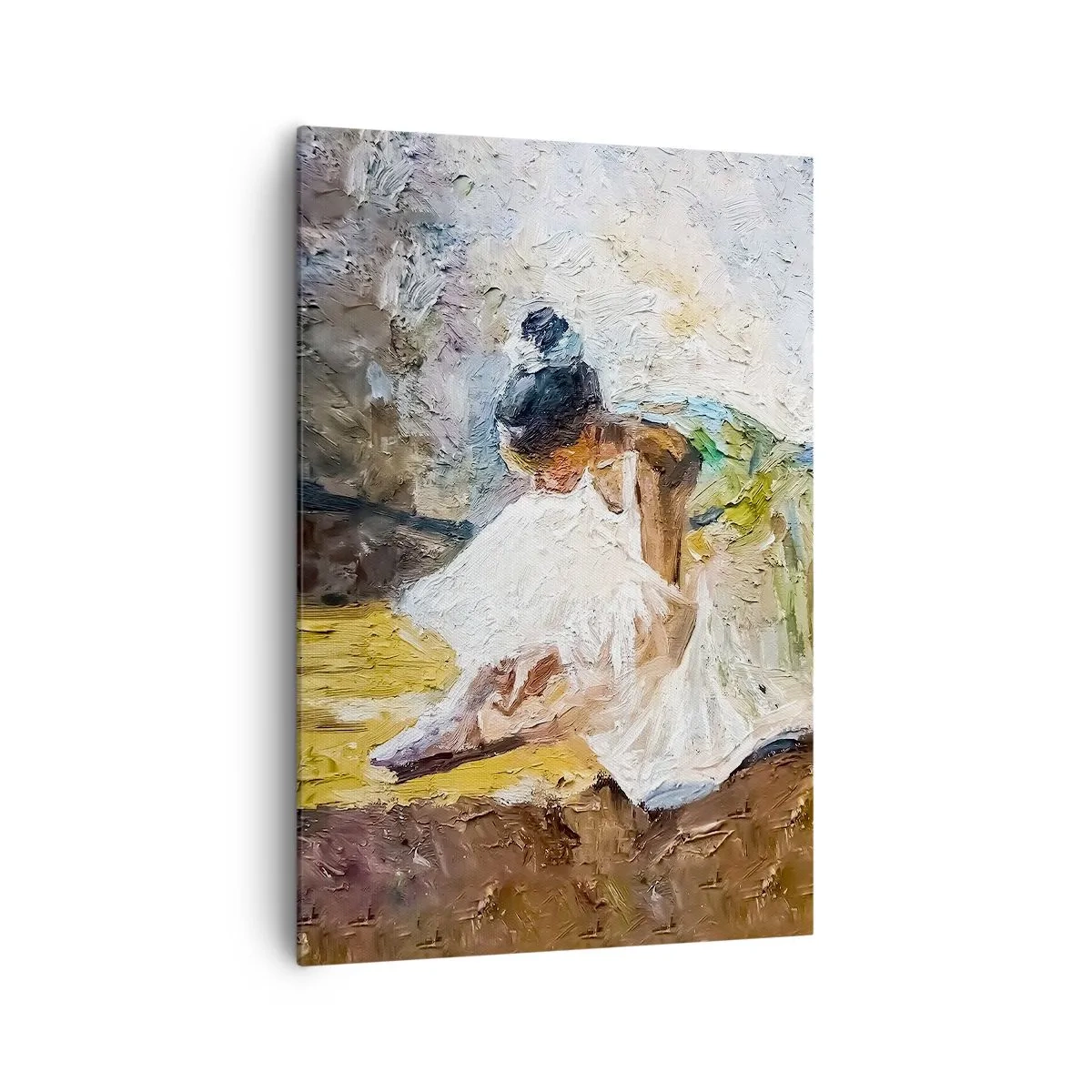Bild auf Leinwand - Leinwandbild - Eine Ballerina in einem weißen Kleid im malerischen Stil vor einem impressionistischen Hintergrund. - 70x100cm - Aus einem Gemälde von Degas - Moderne Wanddekoration für Wohnzimmer und Schlafzimmer ARTTOR