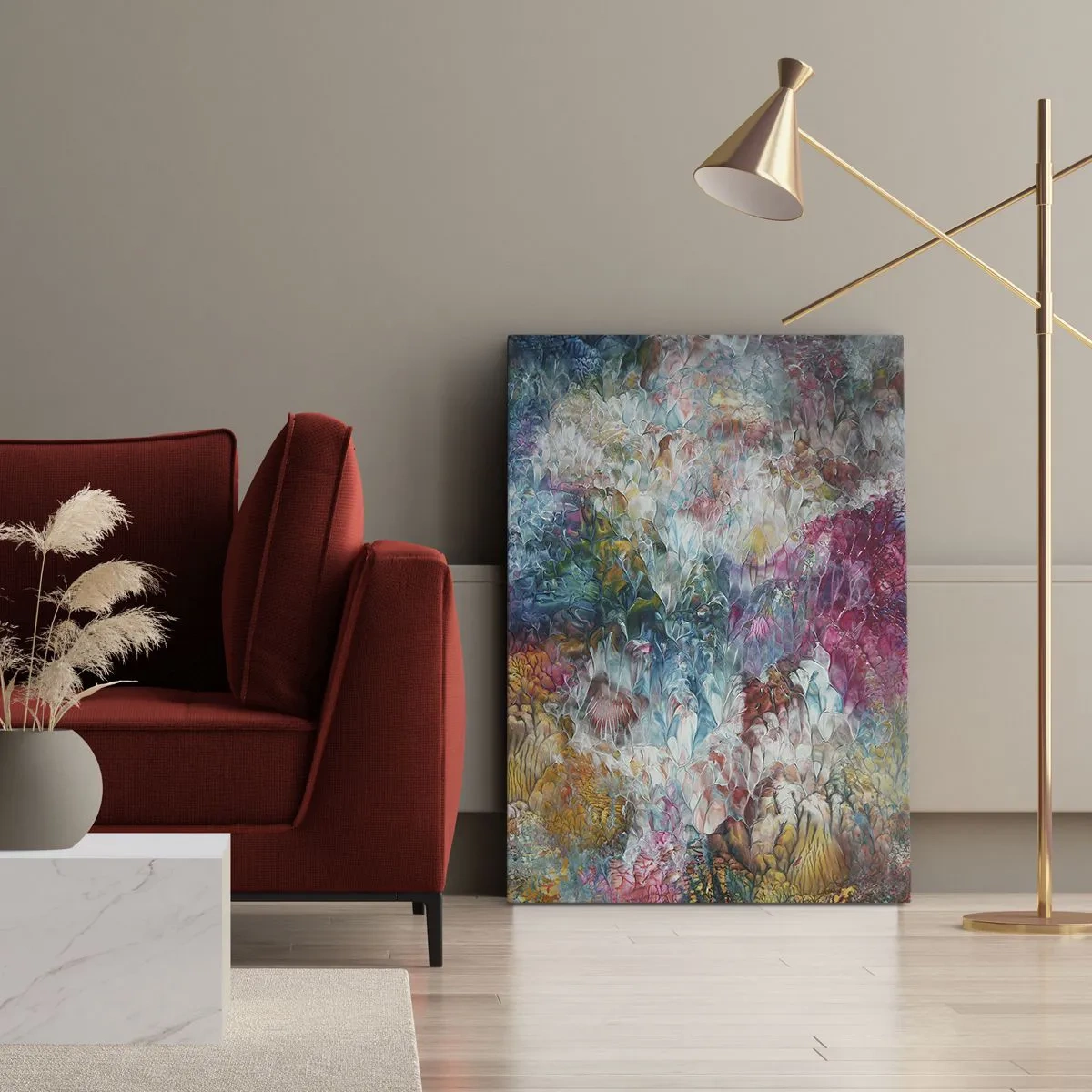 Bild auf Leinwand - Leinwandbild - Eine farbenfrohe Abstraktion, die an blühende Blumen erinnert - 80x120cm - In voller Blüte - Moderne Wanddekoration für Wohnzimmer und Schlafzimmer ARTTOR