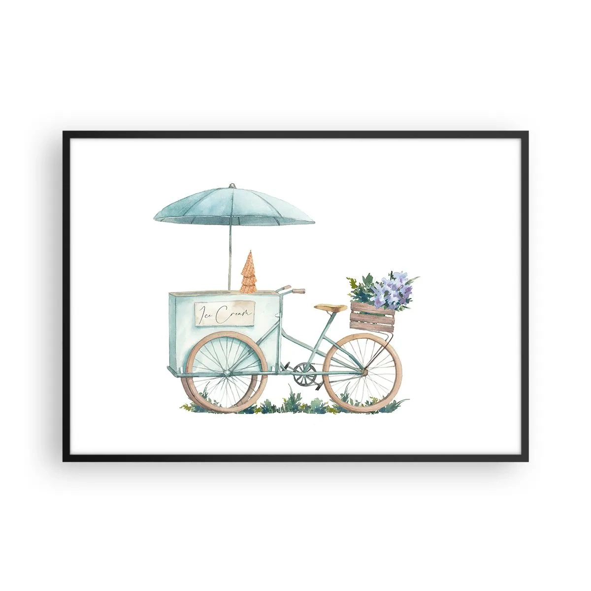 Poster in einem schwarzem Rahmen - Ein Fahrrad mit Eis und Blumen unter einem Regenschirm in zarten Pastellfarben - 100x70cm - Süße Erinnerung an den Sommer - Moderne Wanddekoration für Wohnzimmer und Schlafzimmer ARTTOR