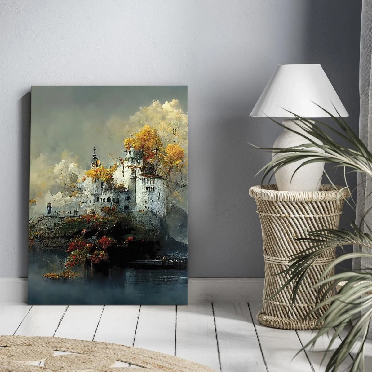 Bild auf Leinwand - Leinwandbild - Ein Schloss auf einem Hügel, umgeben von herbstlichen Bäumen - 50x70cm - Beginn einer romantischen Geschichte - Moderne Wanddekoration für Wohnzimmer und Schlafzimmer ARTTOR