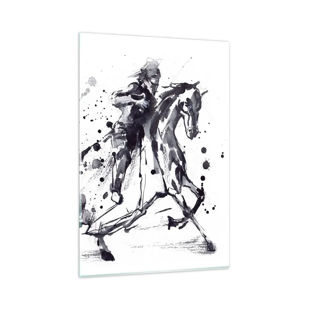 Glasbild - Bild auf glas - Schwarz-weißes Aquarell eines Reiters auf einem galoppierenden Pferd - 80x120cm - Schwarzer Ritter - Moderne Wanddekoration für Wohnzimmer und Schlafzimmer ARTTOR