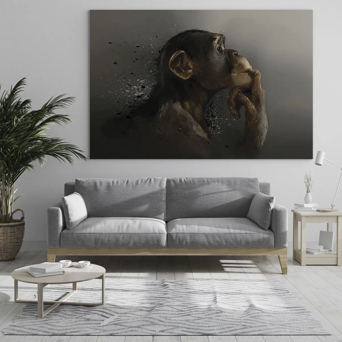 Glasbild - Bild auf glas - Ein nachdenklich dreinblickender Affe vor dunklem Hintergrund mit Splatter-Effekt - 70x50cm - Sicherlich ein Denker - Moderne Wanddekoration für Wohnzimmer und Schlafzimmer ARTTOR