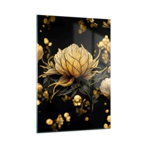 Glasbild - Bild auf glas - Goldene Blumen auf schwarzem Hintergrund in einer eleganten Komposition - 50x70cm - Subtile Zerbrechlichkeit - Moderne Wanddekoration für Wohnzimmer und Schlafzimmer ARTTOR
