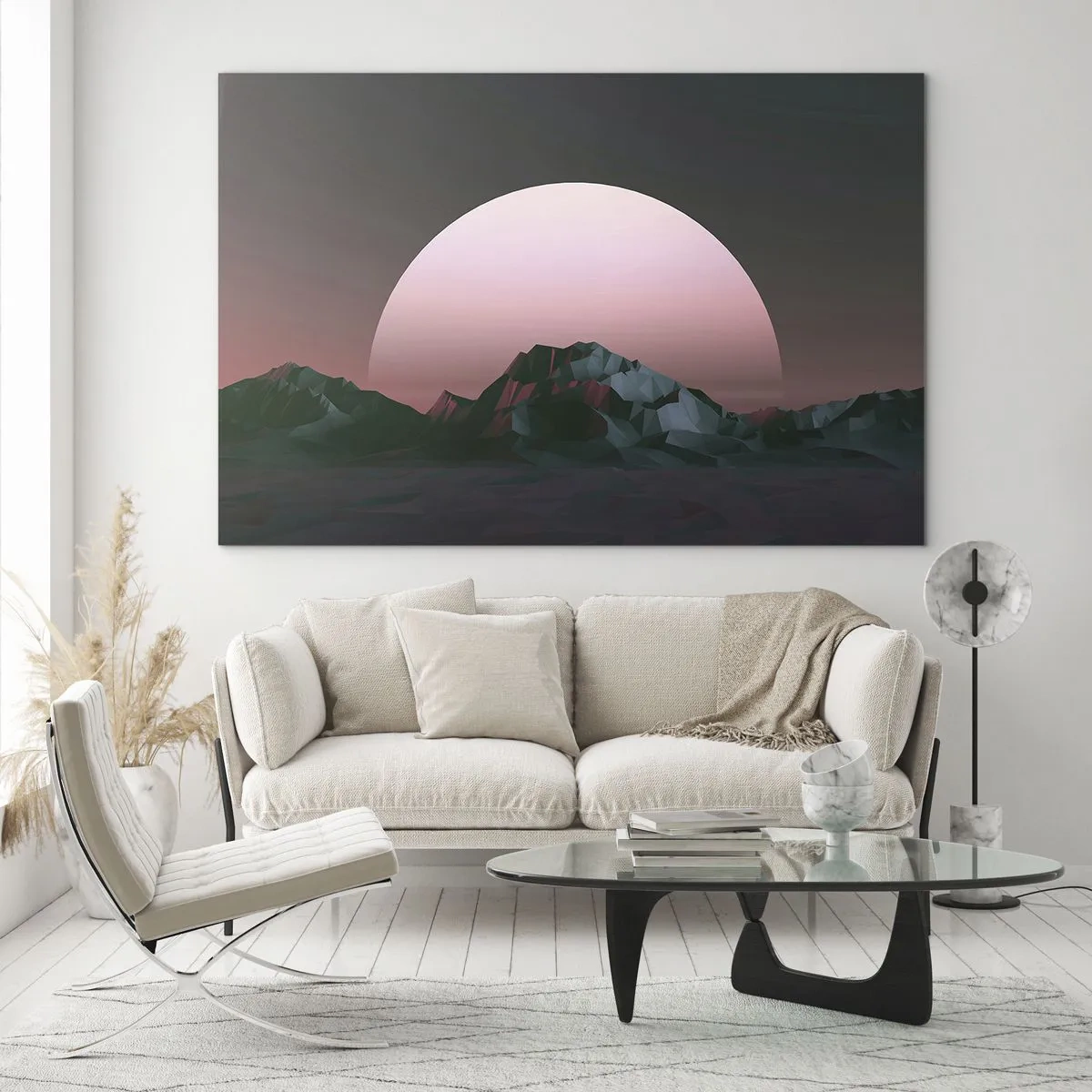 Glasbild - Bild auf glas - Abstrakte Landschaft mit geometrischen Bergen und einer rosa Sonne. - 70x50cm - In einer Nachbargalaxie - Moderne Wanddekoration für Wohnzimmer und Schlafzimmer ARTTOR