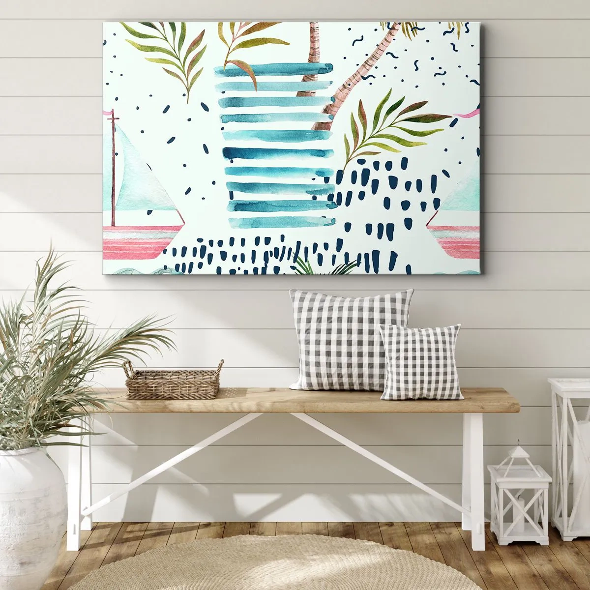 Bild auf Leinwand - Leinwandbild - Abstraktes Muster mit Palmen und nautischen Akzenten - 70x50cm - Urlaub unter Palmen - Moderne Wanddekoration für Wohnzimmer und Schlafzimmer ARTTOR