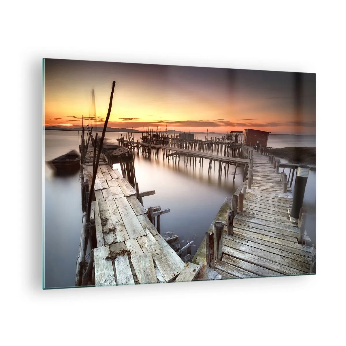 Glasbild - Bild auf glas - Holzstege bei Sonnenuntergang über einem ruhigen See - 70x50cm - Authentisch, keine Touristenattrappe - Moderne Wanddekoration für Wohnzimmer und Schlafzimmer ARTTOR