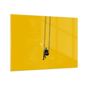 Glasbild - Bild auf glas - Eine Figur auf einer Schaukel hängt vor einem gelben Hintergrund - 70x50cm - Tag wie jeder andere - Moderne Wanddekoration für Wohnzimmer und Schlafzimmer ARTTOR