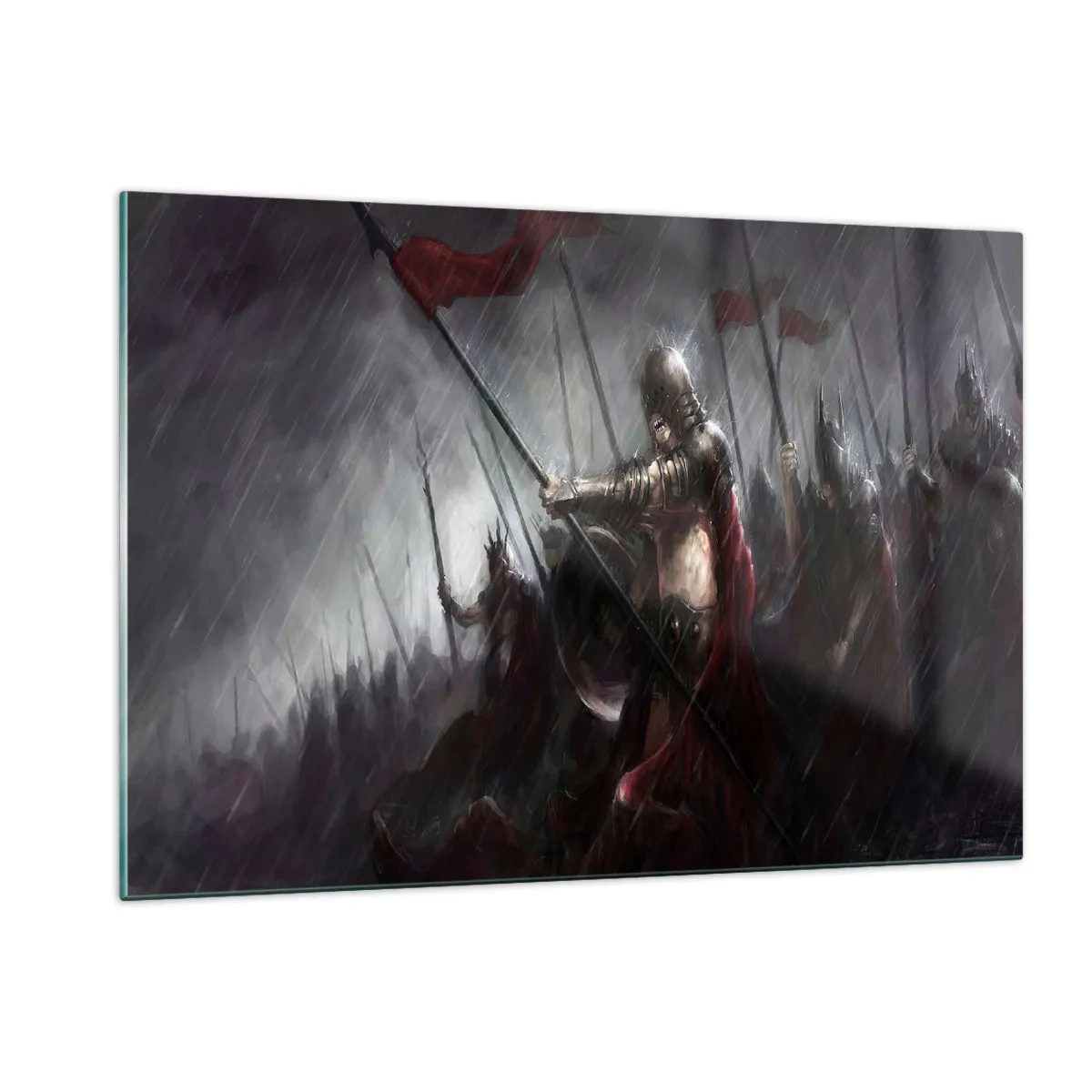 Glasbild - Bild auf glas - Ritter im Regen auf dem Schlachtfeld in voller Montur - 120x80cm - Passant, sag Sparta ... - Moderne Wanddekoration für Wohnzimmer und Schlafzimmer ARTTOR