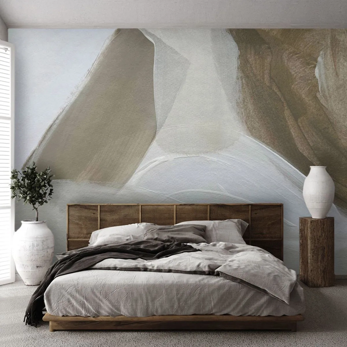 Fototapete Premium Sand - Abstrakte Striche in Weiß und Beige auf Leinwand - 100x70cm - Welle aus Weiß - Moderne Wanddekoration für Wohnzimmer und Schlafzimmer ARTTOR