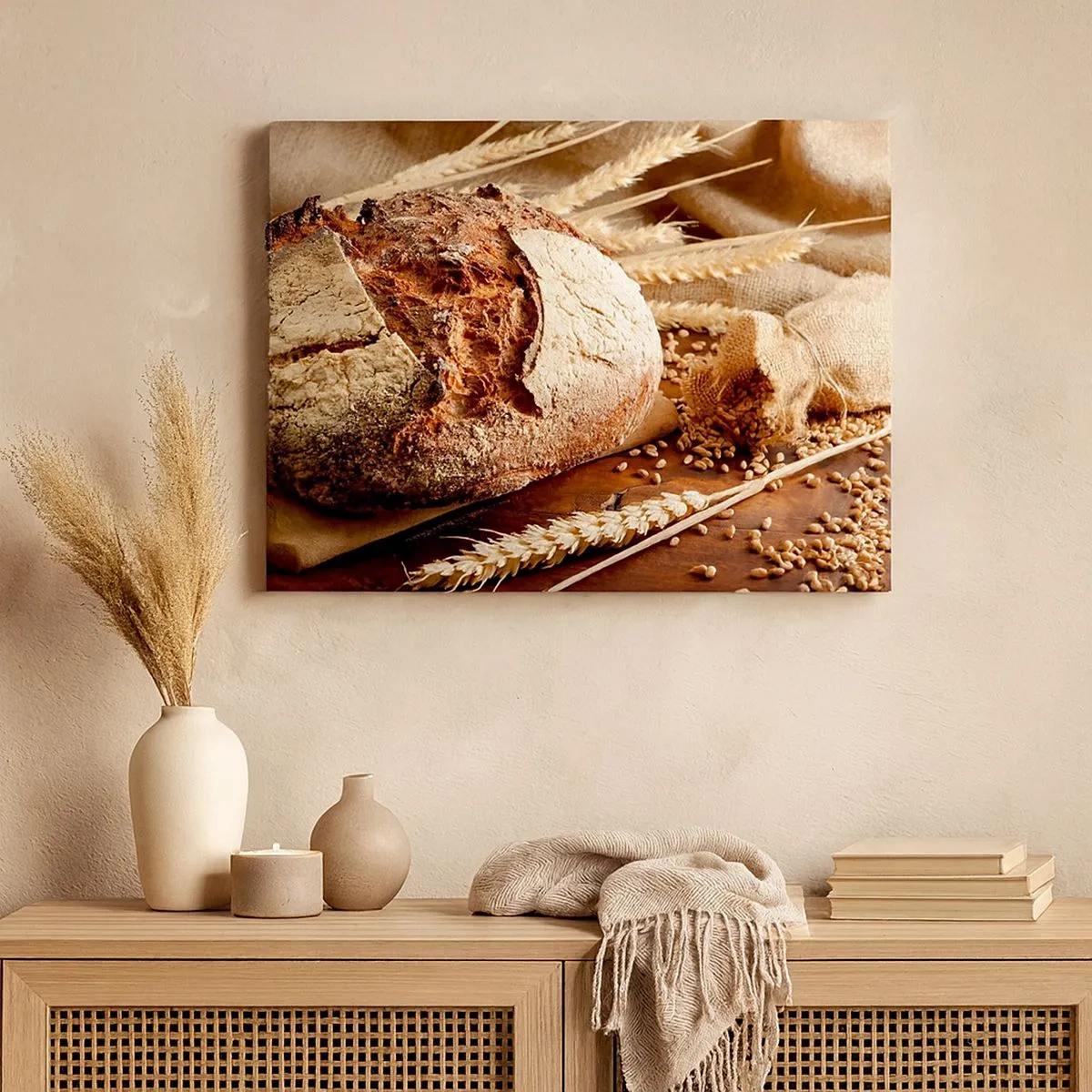 Bild auf Leinwand - Leinwandbild - Knuspriges Brot mit Körnern und Weizenähren auf Holzhintergrund - 70x50cm - Appetitanregend, duftend, knackig - Moderne Wanddekoration für Wohnzimmer und Schlafzimmer ARTTOR