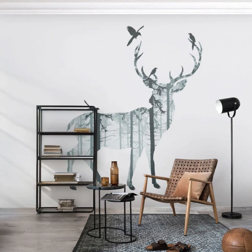 Fototapete Premium Sand - Ein Hirsch mit einer Waldlandschaft und Vögeln auf seinem Geweih - 100x70cm - Guter Waldgeist - Moderne Wanddekoration für Wohnzimmer und Schlafzimmer ARTTOR