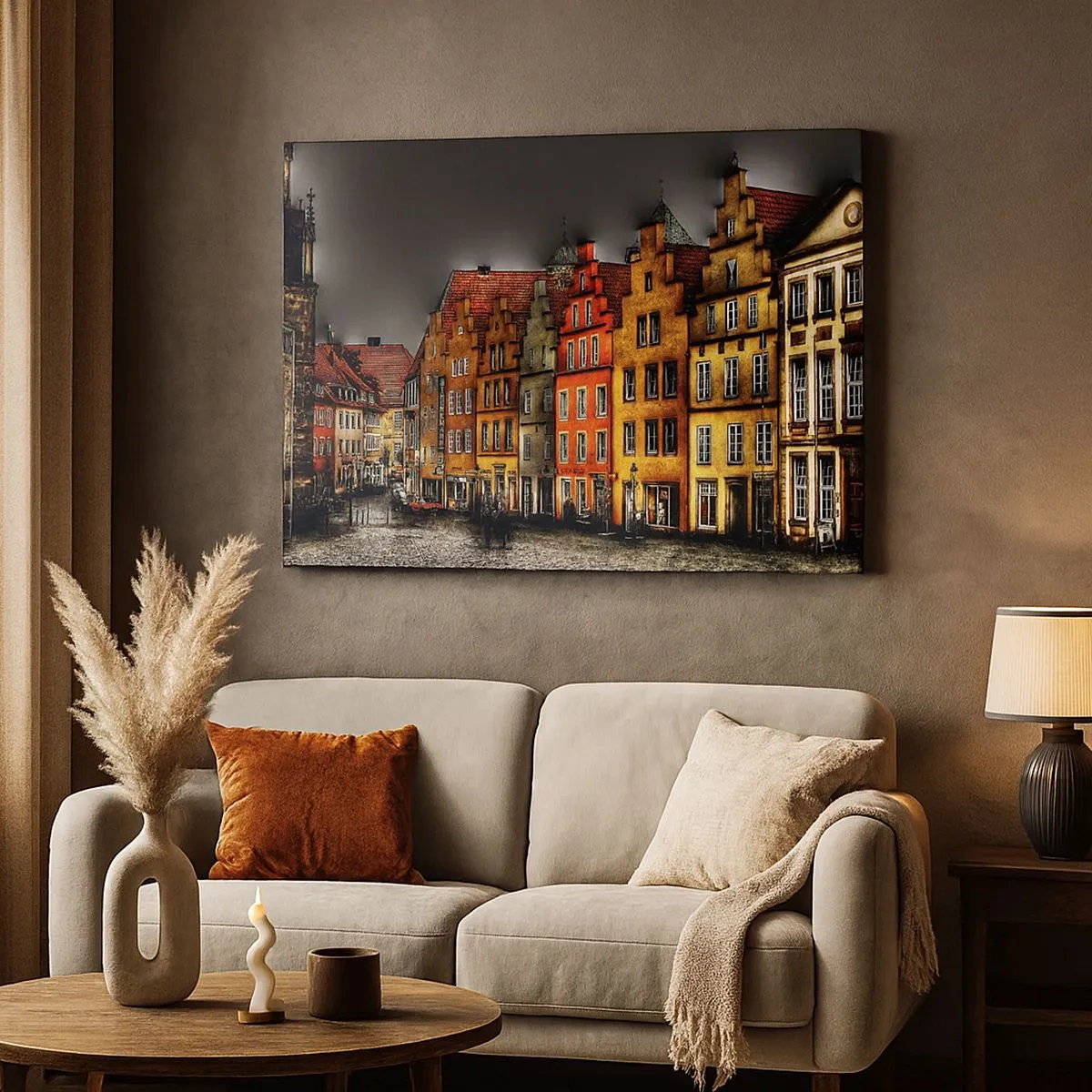 Bild auf Leinwand - Leinwandbild - Bunte Mietshäuser auf einer Kopfsteinpflasterstraße in der historischen Stadt - 70x50cm - Es fehlt nur noch ein verzaubertes Taxi - Moderne Wanddekoration für Wohnzimmer und Schlafzimmer ARTTOR
