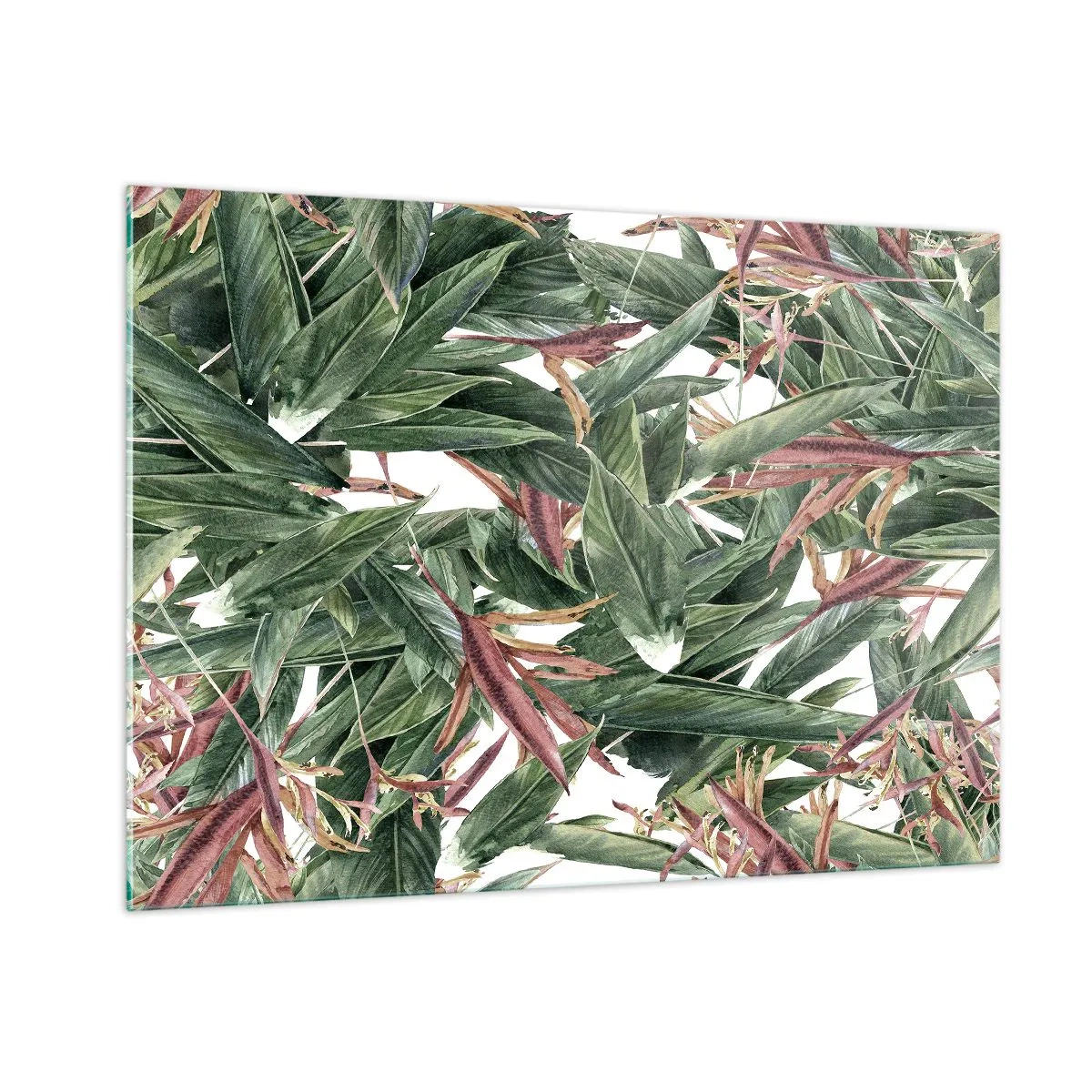 Glasbild - Bild auf glas - Blätter in Grün- und Burgundertönen auf hellem Hintergrund - 100x70cm - Smaragd-lila Dickicht - Moderne Wanddekoration für Wohnzimmer und Schlafzimmer ARTTOR