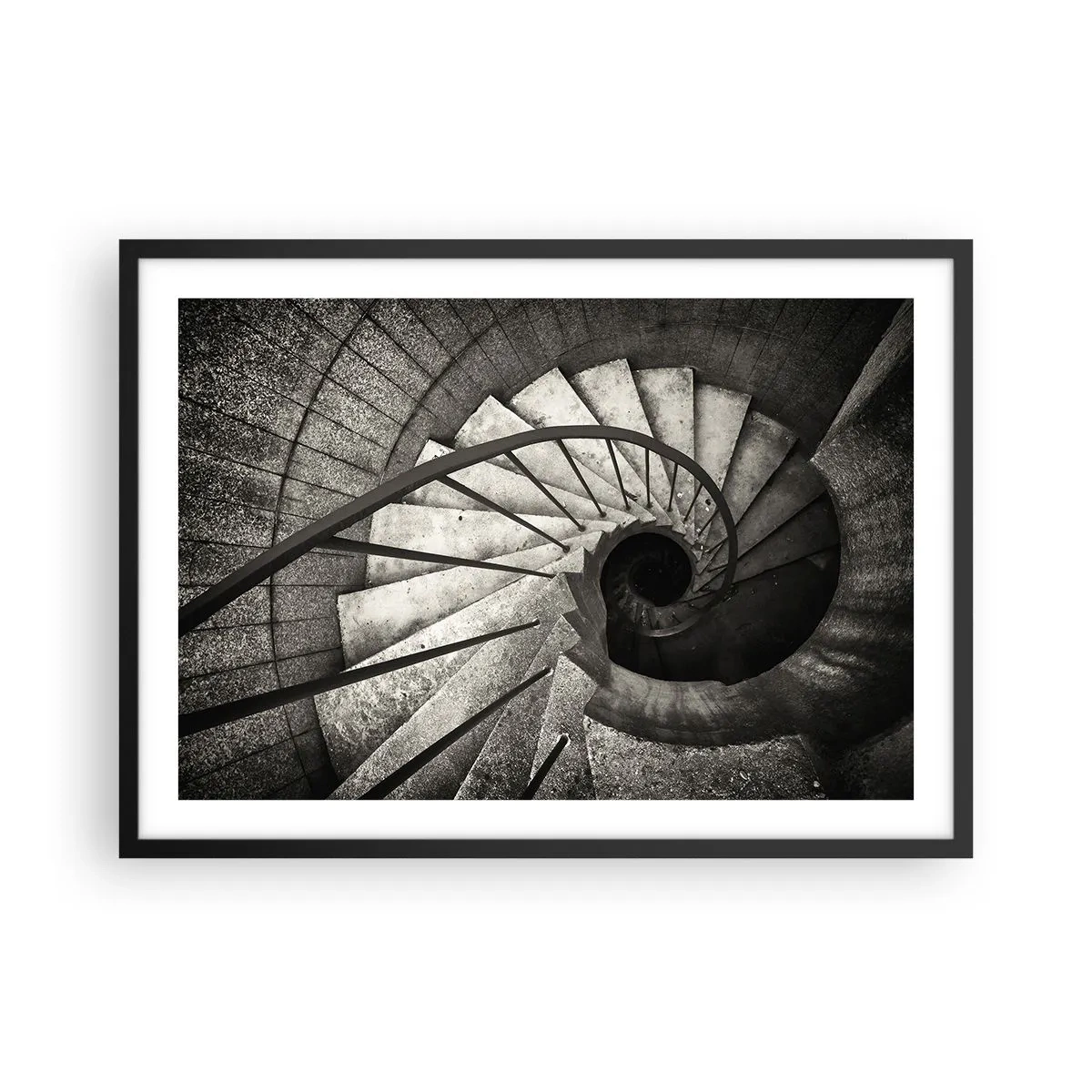 Poster in einem schwarzem Rahmen - Schwarz-weiße Wendeltreppe im modernen Stil - 70x50cm - Treppe hoch, Treppe runter - Moderne Wanddekoration für Wohnzimmer und Schlafzimmer ARTTOR