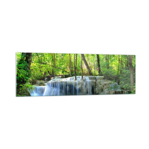 Glasbild - Bild auf glas - Ein Wasserfall zwischen grünen Bäumen mit blauem Wasser in einer natürlichen Umgebung - 160x50cm - In Türkis und Grün ertrinken - Moderne Wanddekoration für Wohnzimmer und Schlafzimmer ARTTOR