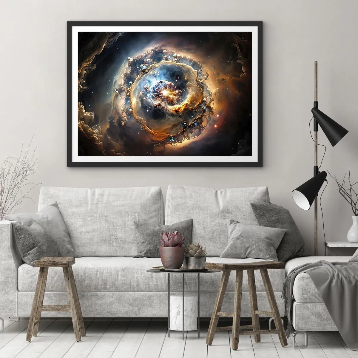 Poster in einem schwarzem Rahmen - Eine abstrakte Vision einer kosmischen Explosion in Gold- und Blautönen. - 70x50cm - Anfang - Moderne Wanddekoration für Wohnzimmer und Schlafzimmer ARTTOR