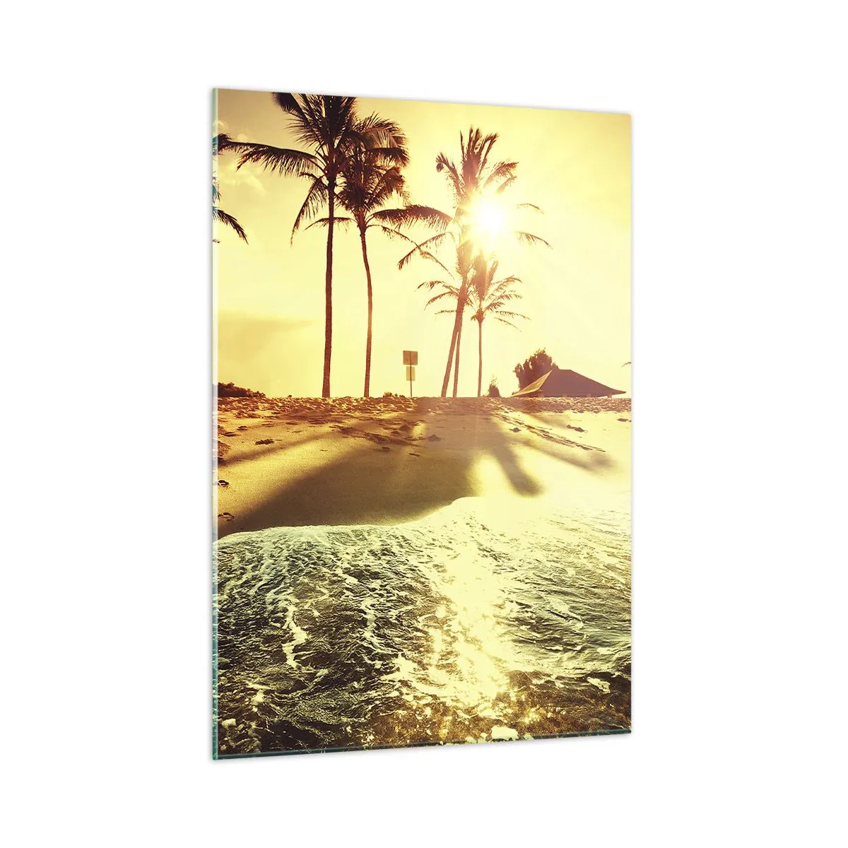 Glasbild - Bild auf glas - Goldener Strand mit Palmen bei Sonnenuntergang und ruhigem Meer - 50x70cm - Kalifornien am Nachmittag - Moderne Wanddekoration für Wohnzimmer und Schlafzimmer ARTTOR