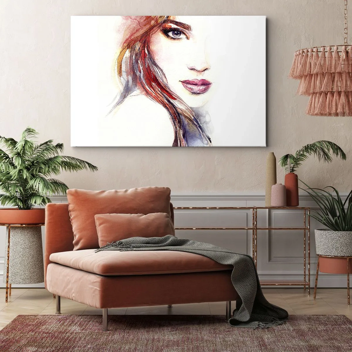 Bild auf Leinwand - Leinwandbild - Ein subtiles Aquarell eines Frauengesichts mit ausdrucksstarkem Blick. - 70x50cm - Vademecum - folge mir - Moderne Wanddekoration für Wohnzimmer und Schlafzimmer ARTTOR