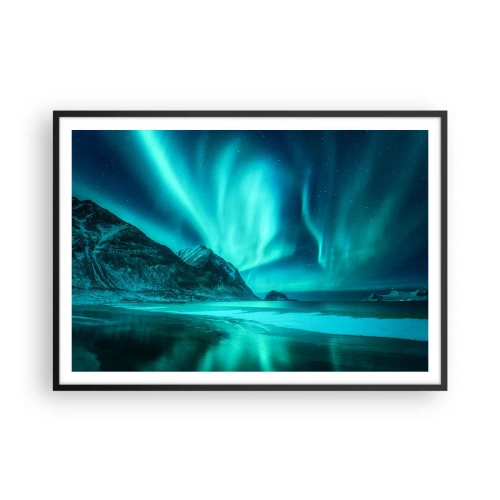 Poster in einem schwarzem Rahmen - Aurora Borealis über einer bergigen Winterlandschaft - 100x70cm - Wunder des Nordens - Moderne Wanddekoration für Wohnzimmer und Schlafzimmer ARTTOR
