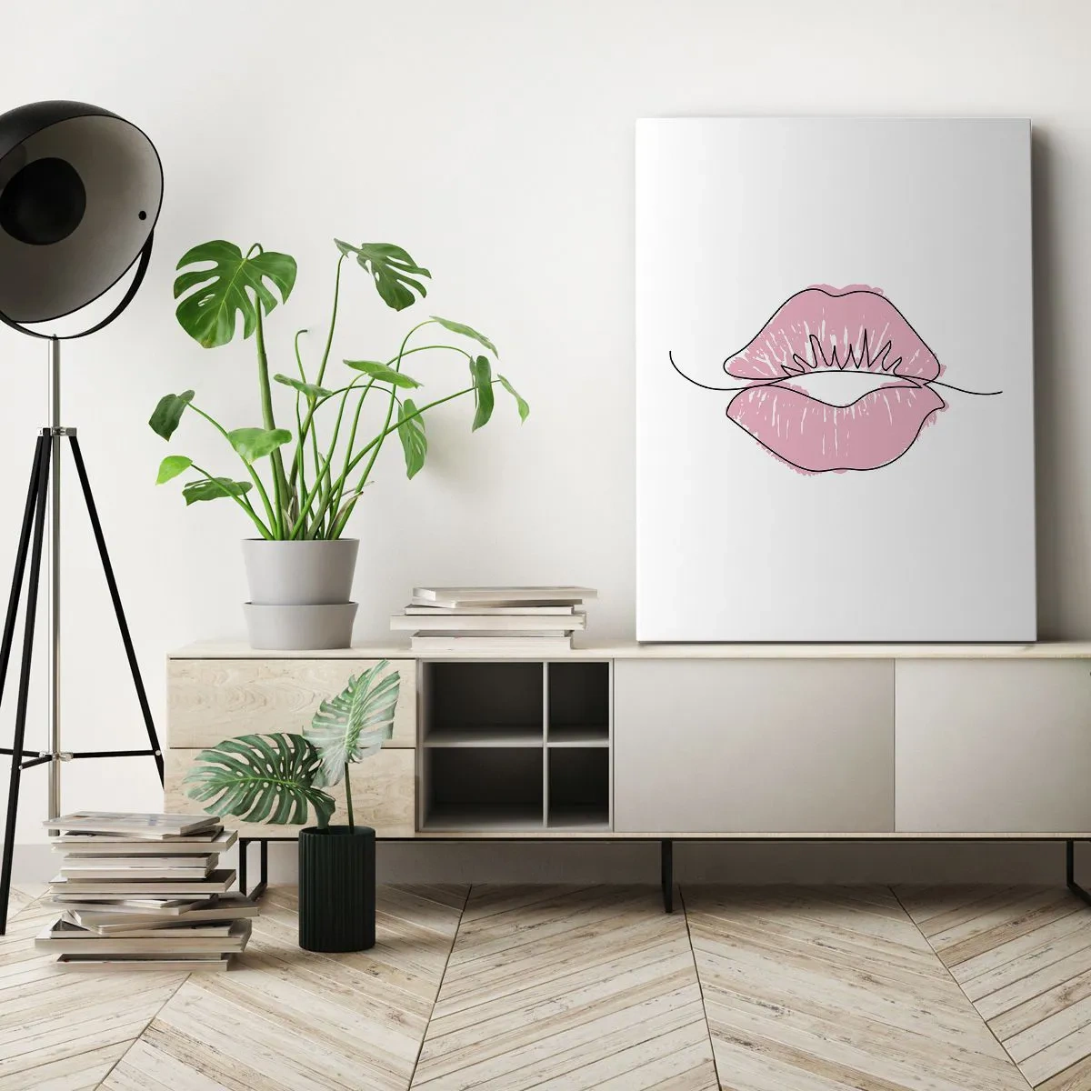 Bild auf Leinwand - Leinwandbild - Minimalistische Lippenzeichnung in einem Rosaton - 80x120cm - Bereit zum Küssen? - Moderne Wanddekoration für Wohnzimmer und Schlafzimmer ARTTOR