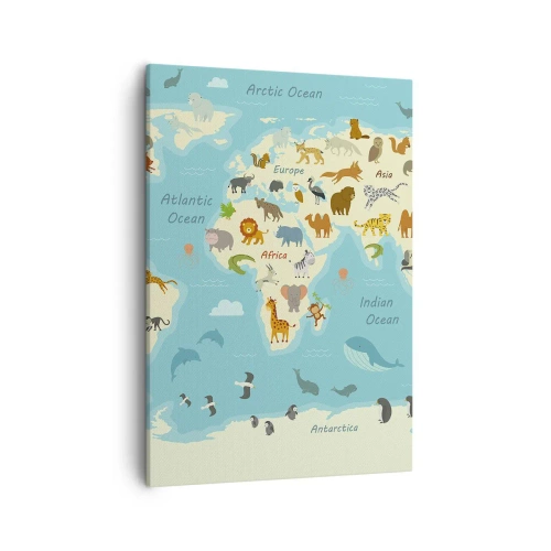 Bild auf Leinwand - Leinwandbild - Weltkarte mit Tierillustrationen - 50x70cm - Gute Nachbarn - Moderne Wanddekoration für Wohnzimmer und Schlafzimmer ARTTOR