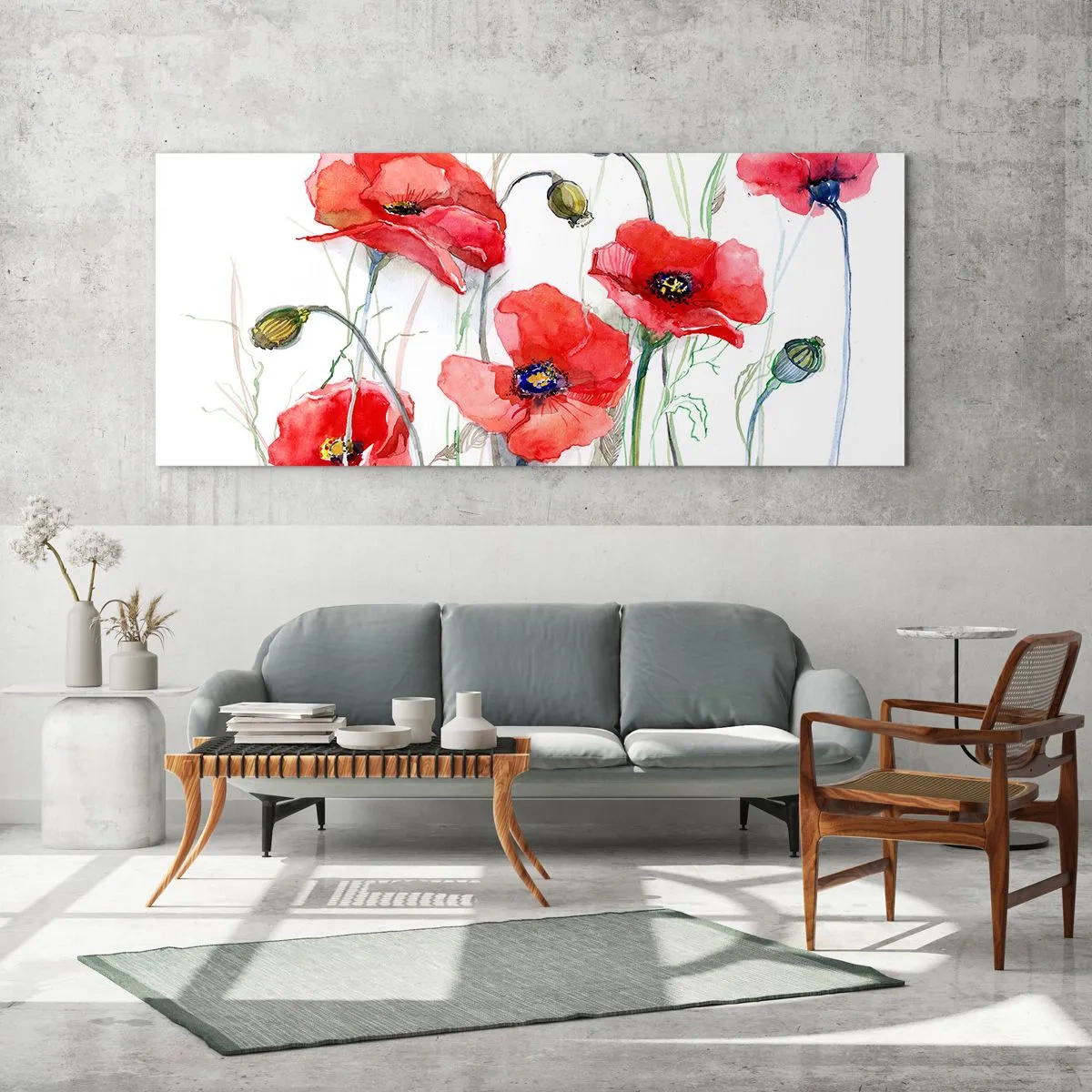 Glasbild - Bild auf glas - Aquarell-Mohnblumen auf zartem Hintergrund - 120x50cm - Polnische Blumen - Moderne Wanddekoration für Wohnzimmer und Schlafzimmer ARTTOR