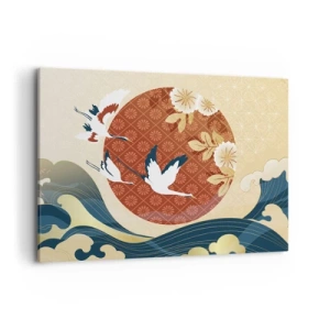 Bild auf Leinwand - Leinwandbild - Japanische Komposition mit Kranichen und Wellen - 100x70cm - Japanisches Märchen - Moderne Wanddekoration für Wohnzimmer und Schlafzimmer ARTTOR
