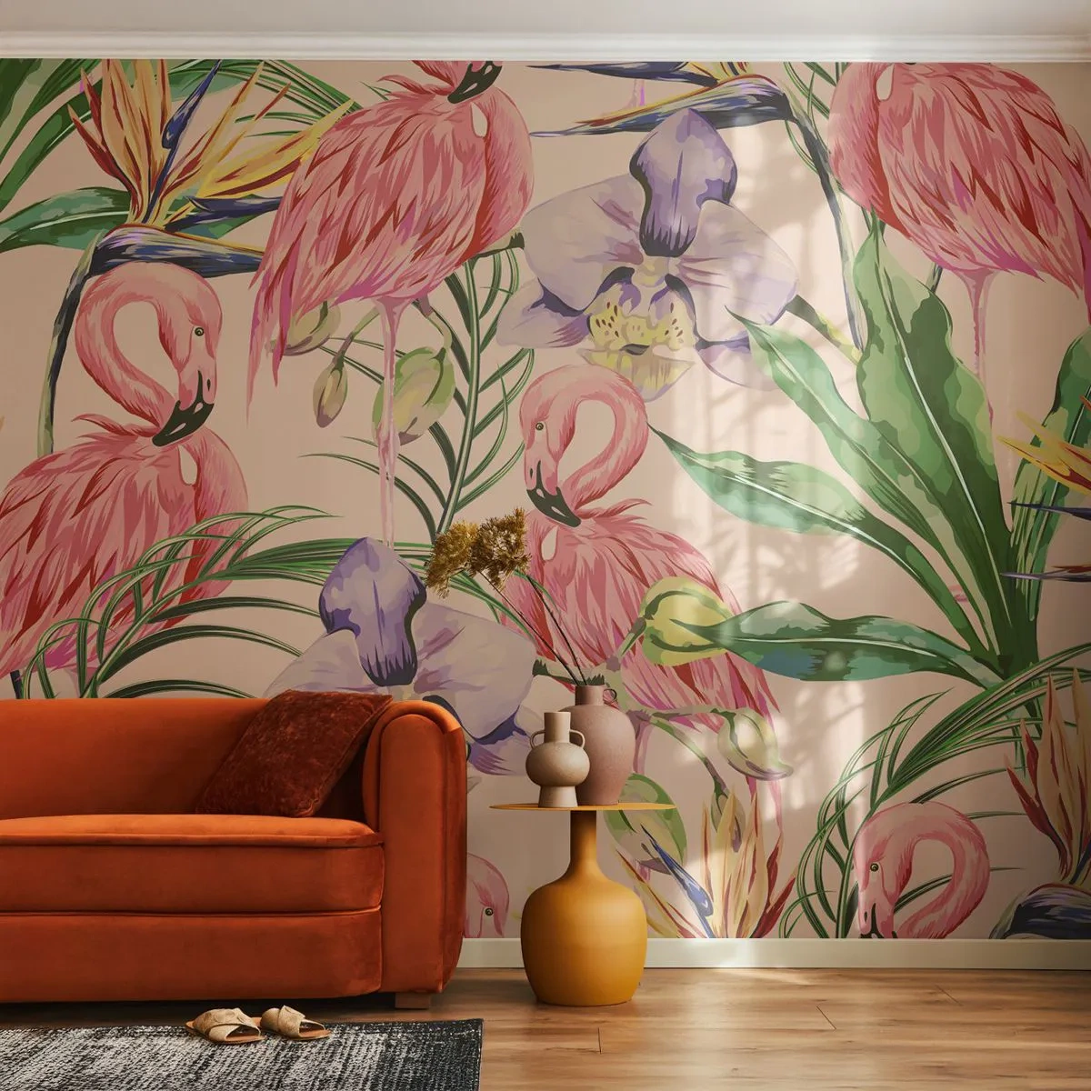 Fototapete Premium Sand - Flamingos und tropische Blumen in einem exotischen Muster - 100x70cm - Rosa Ballett in Blumen - Moderne Wanddekoration für Wohnzimmer und Schlafzimmer ARTTOR