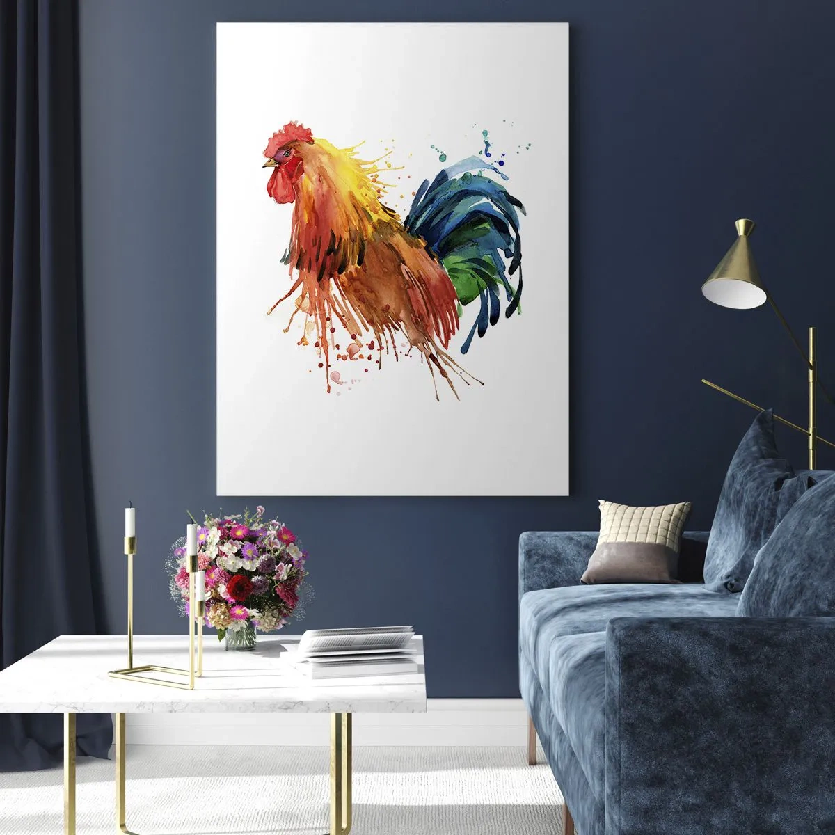 Glasbild - Bild auf glas - Aquarell Hahn in lebendigen Farben auf weißem Hintergrund - 50x70cm - Königliches Gewand, königlicher Stolz - Moderne Wanddekoration für Wohnzimmer und Schlafzimmer ARTTOR