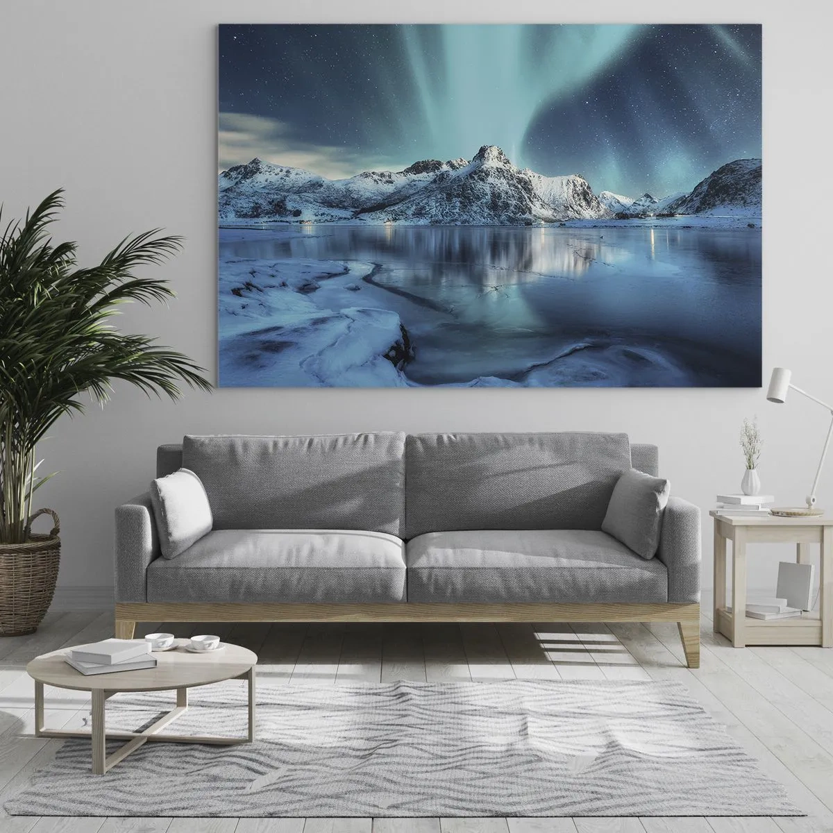 Glasbild - Bild auf glas - Aurora Borealis über den schneebedeckten Bergen - 70x50cm - Lichtnacht - Moderne Wanddekoration für Wohnzimmer und Schlafzimmer ARTTOR