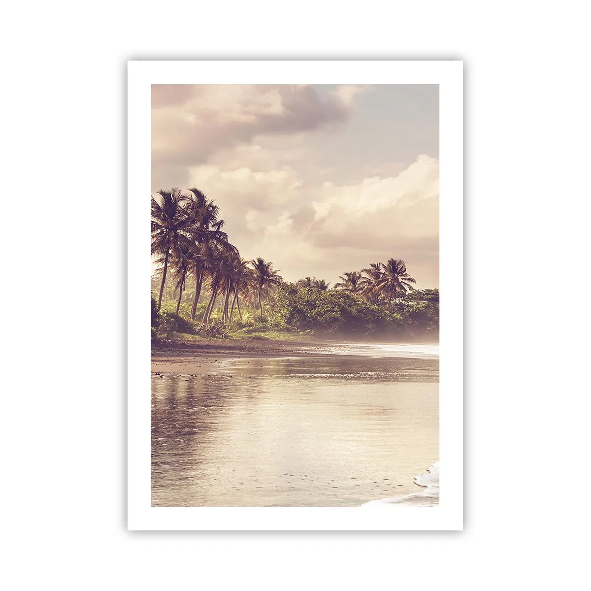 Poster - Tropischer Strand bei Sonnenuntergang mit Palmen - 50x70cm - Die Liebkosung der Wellen - Moderne Wanddekoration für Wohnzimmer und Schlafzimmer ARTTOR