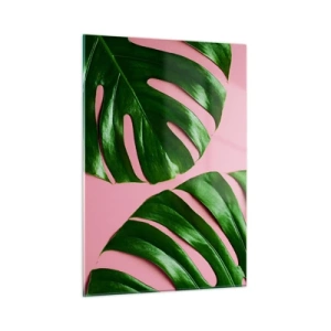 Glasbild - Bild auf glas - Grüne Monstera-Blätter auf rosa Hintergrund - 50x70cm - Rendezvous im Grünen - Moderne Wanddekoration für Wohnzimmer und Schlafzimmer ARTTOR