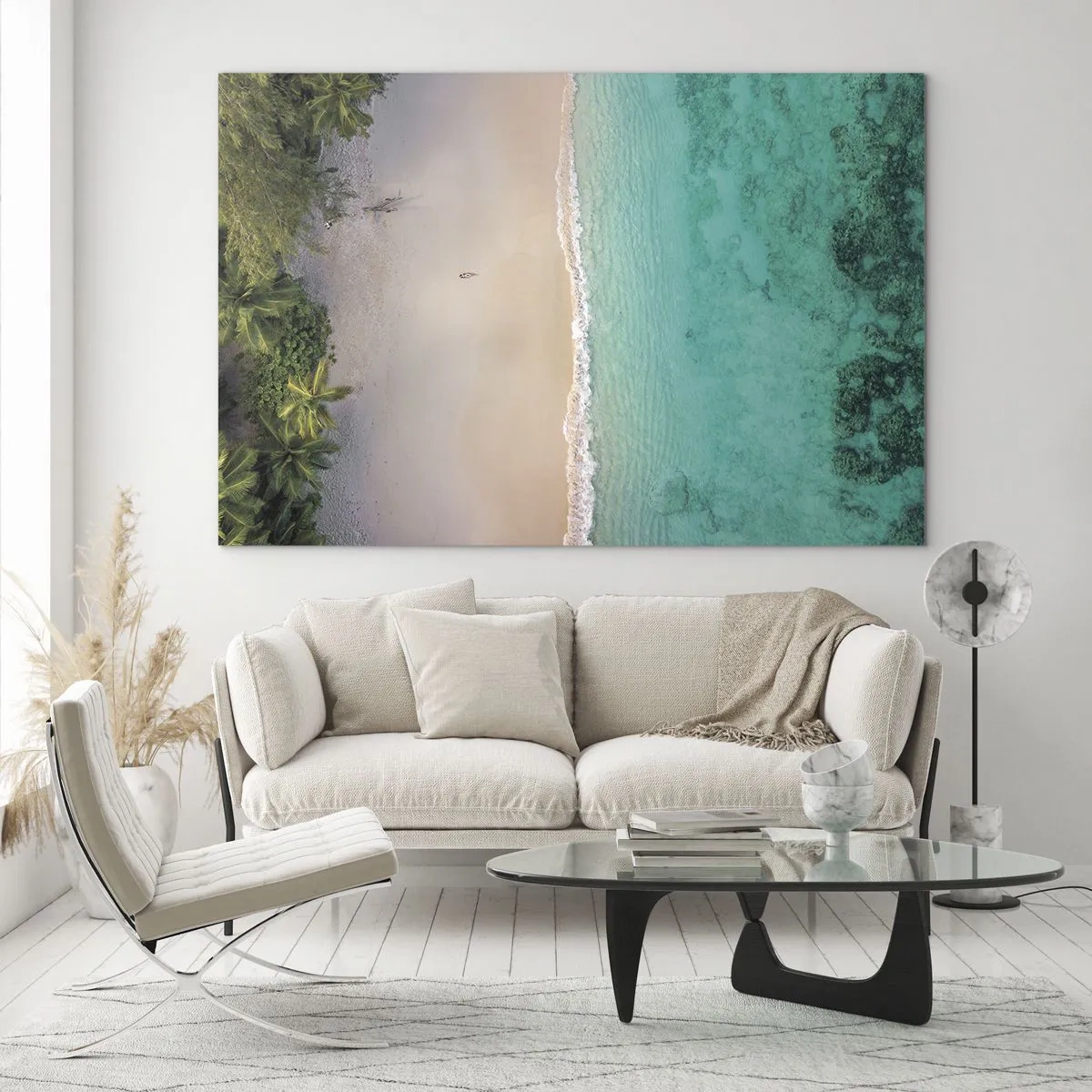 Glasbild - Bild auf glas - Luftaufnahme eines tropischen Strandes und des türkisfarbenen Meeres - 70x50cm - Paradiesstrand - Moderne Wanddekoration für Wohnzimmer und Schlafzimmer ARTTOR