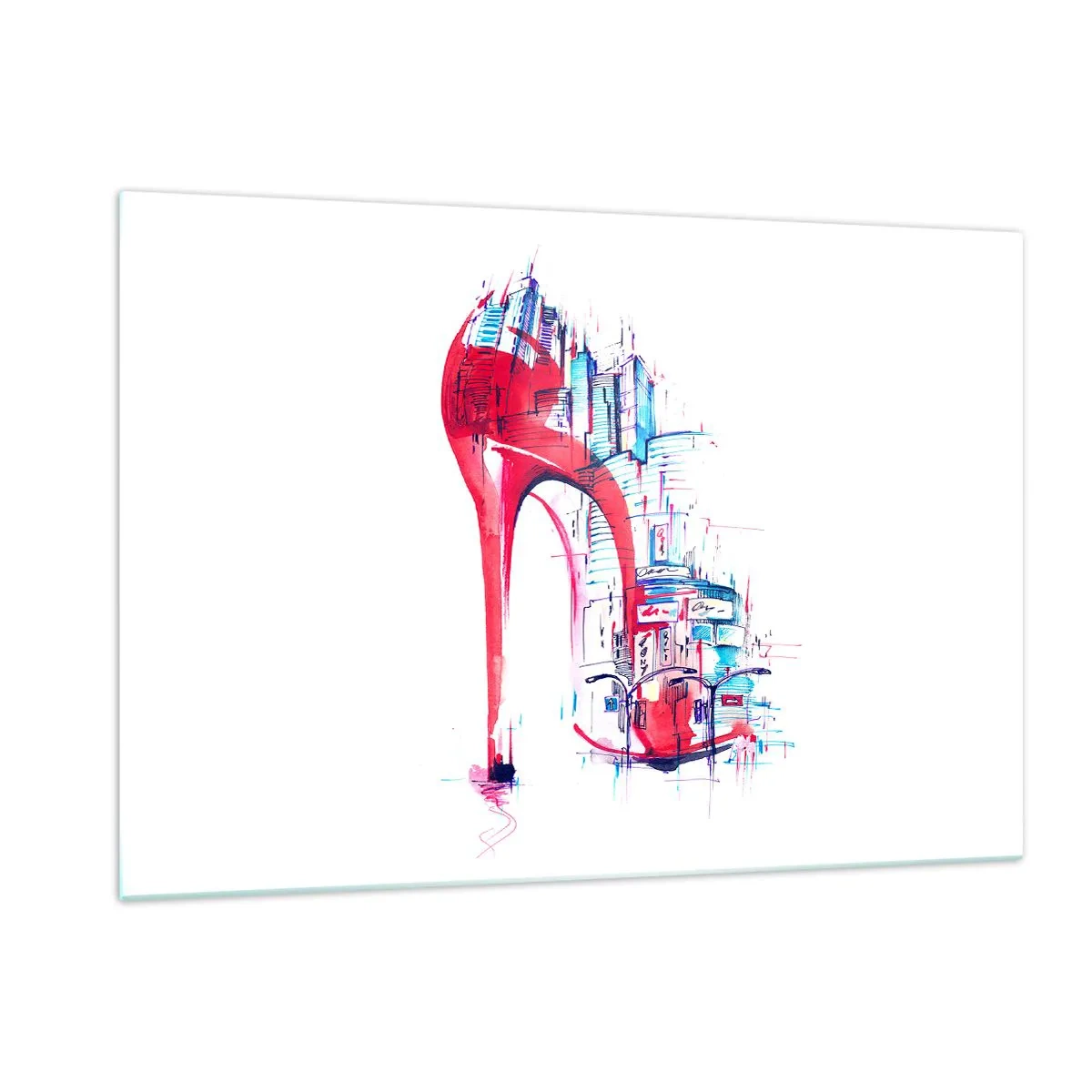 Glasbild - Bild auf glas - Roter Stiletto mit urbanem Architekturmotiv - 120x80cm - Ein Großstadt-Dandy - Moderne Wanddekoration für Wohnzimmer und Schlafzimmer ARTTOR