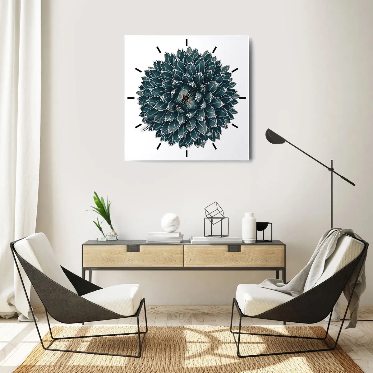 Wanduhr - Glasuhr - Symmetrische Sukkulente auf weißem Hintergrund - 30x30cm - Stern der Wüste - Moderne Wanddekoration für Wohnzimmer und Schlafzimmer ARTTOR
