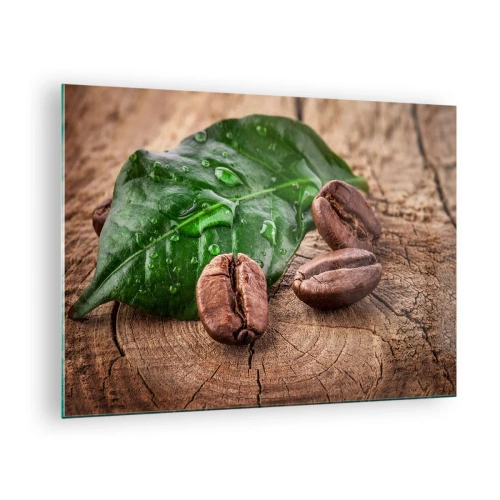 Glasbild - Bild auf glas - Kaffeebohnen auf einem Blatt und Holzhintergrund - 70x50cm - Der wahrste und schwarze - Moderne Wanddekoration für Wohnzimmer und Schlafzimmer ARTTOR
