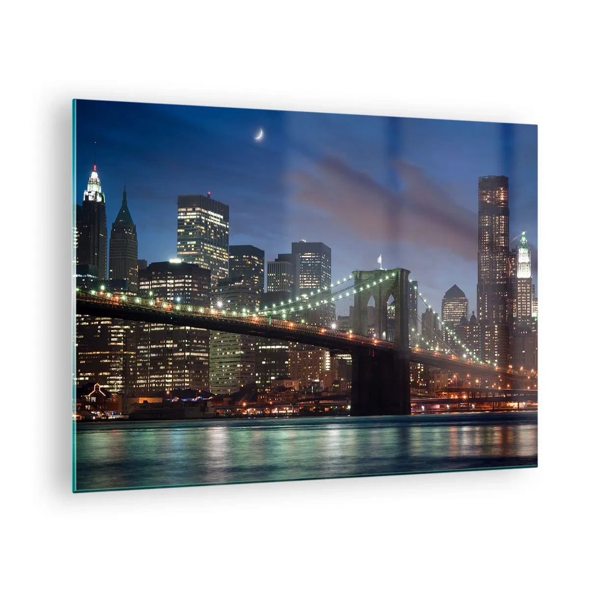 Glasbild - Bild auf glas - Panorama der Stadt mit der von Nachtlichtern beleuchteten Brücke - 70x50cm - Leuchtende Nacht - Moderne Wanddekoration für Wohnzimmer und Schlafzimmer ARTTOR