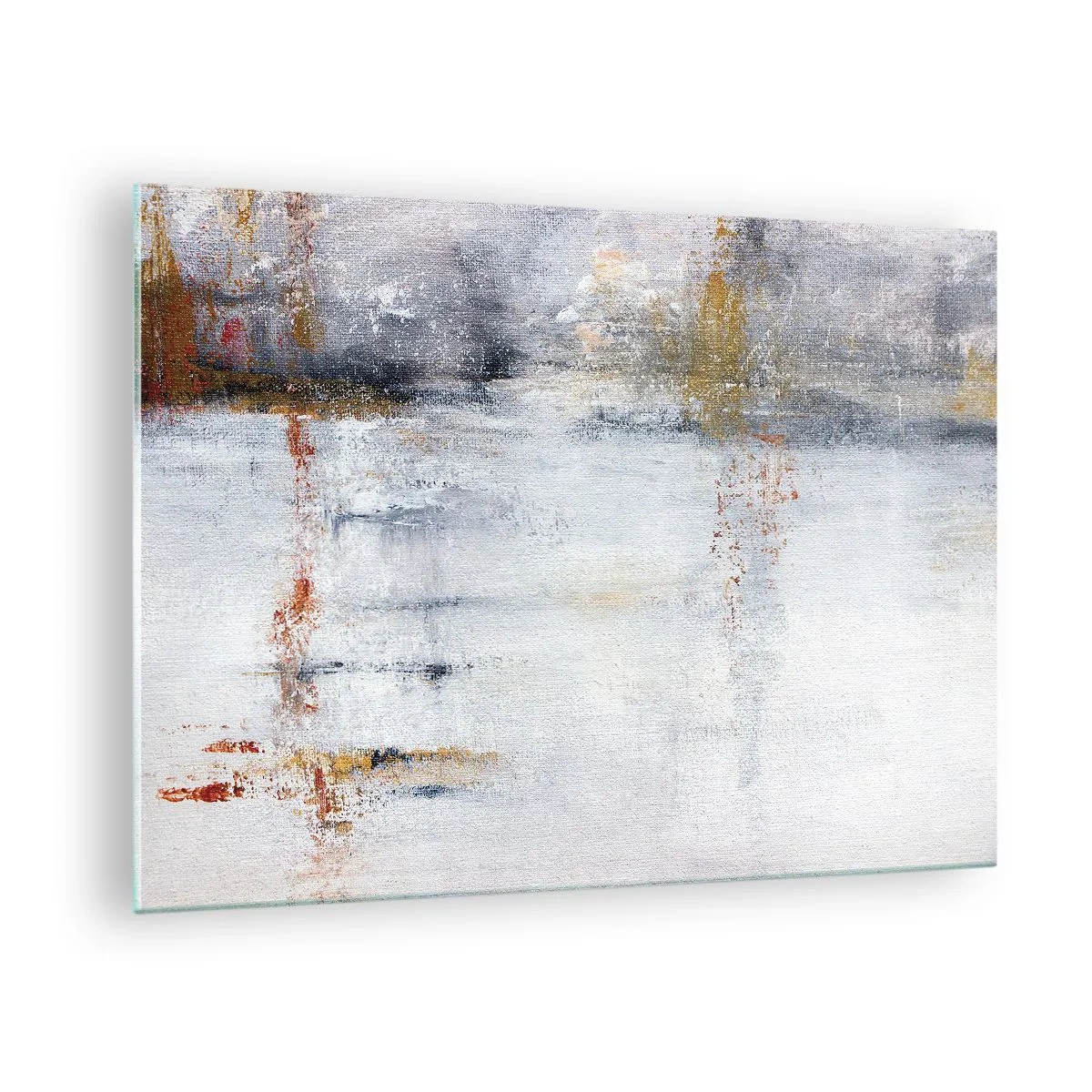 Glasbild - Bild auf glas - Ein abstraktes Gemälde mit einer subtilen Kombination aus Grau, Weiß und Gold. - 70x50cm - Hinter dem Luftvorhang - Moderne Wanddekoration für Wohnzimmer und Schlafzimmer ARTTOR