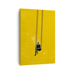 Bild auf Leinwand - Leinwandbild - Eine Person auf einer Schaukel vor einem intensiv gelben Hintergrund - 70x100cm - Tag wie jeder andere - Moderne Wanddekoration für Wohnzimmer und Schlafzimmer ARTTOR