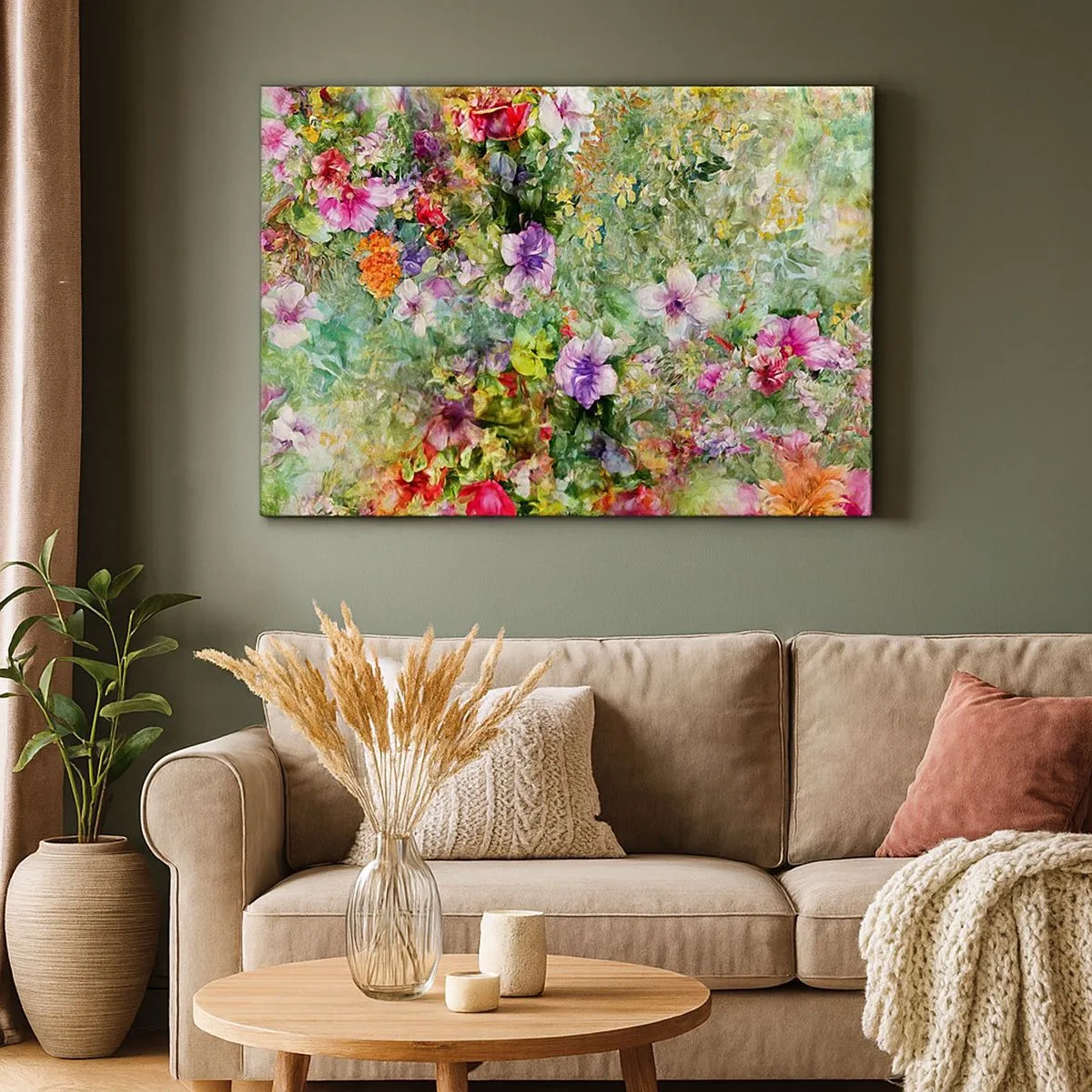Bild auf Leinwand - Leinwandbild - Ein buntes Blumenarrangement auf grünem Hintergrund - 70x50cm - In Blumen für das Verderben - Moderne Wanddekoration für Wohnzimmer und Schlafzimmer ARTTOR