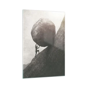 Glasbild - Bild auf glas - Ein Mann klettert einen riesigen Felsbrocken einen Hügel hinauf - 70x100cm - Ich glaube wider alle Hoffnung - Moderne Wanddekoration für Wohnzimmer und Schlafzimmer ARTTOR