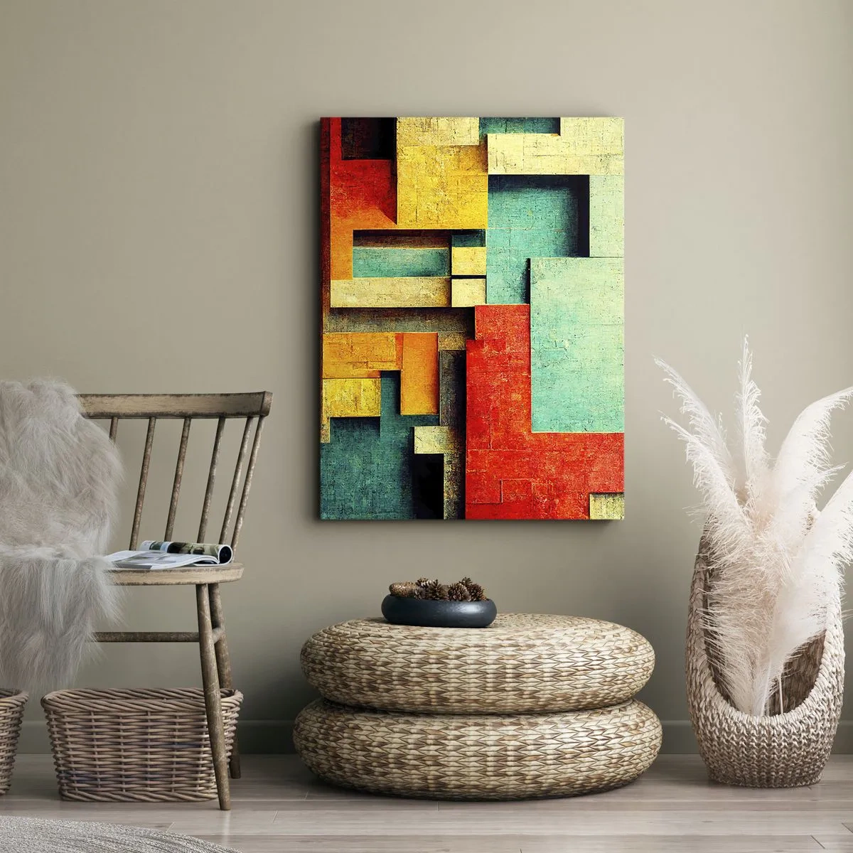 Bild auf Leinwand - Leinwandbild - Abstrakte geometrische Formen in leuchtenden Farben - 50x70cm - Festival der rechten Winkel - Moderne Wanddekoration für Wohnzimmer und Schlafzimmer ARTTOR