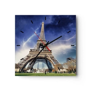 Wanduhr - Glasuhr - Der Eiffelturm mit stürmischem Himmel und Blitzen im Hintergrund - 30x30cm - Herrscherin der Stürme - Moderne Wanddekoration für Wohnzimmer und Schlafzimmer ARTTOR