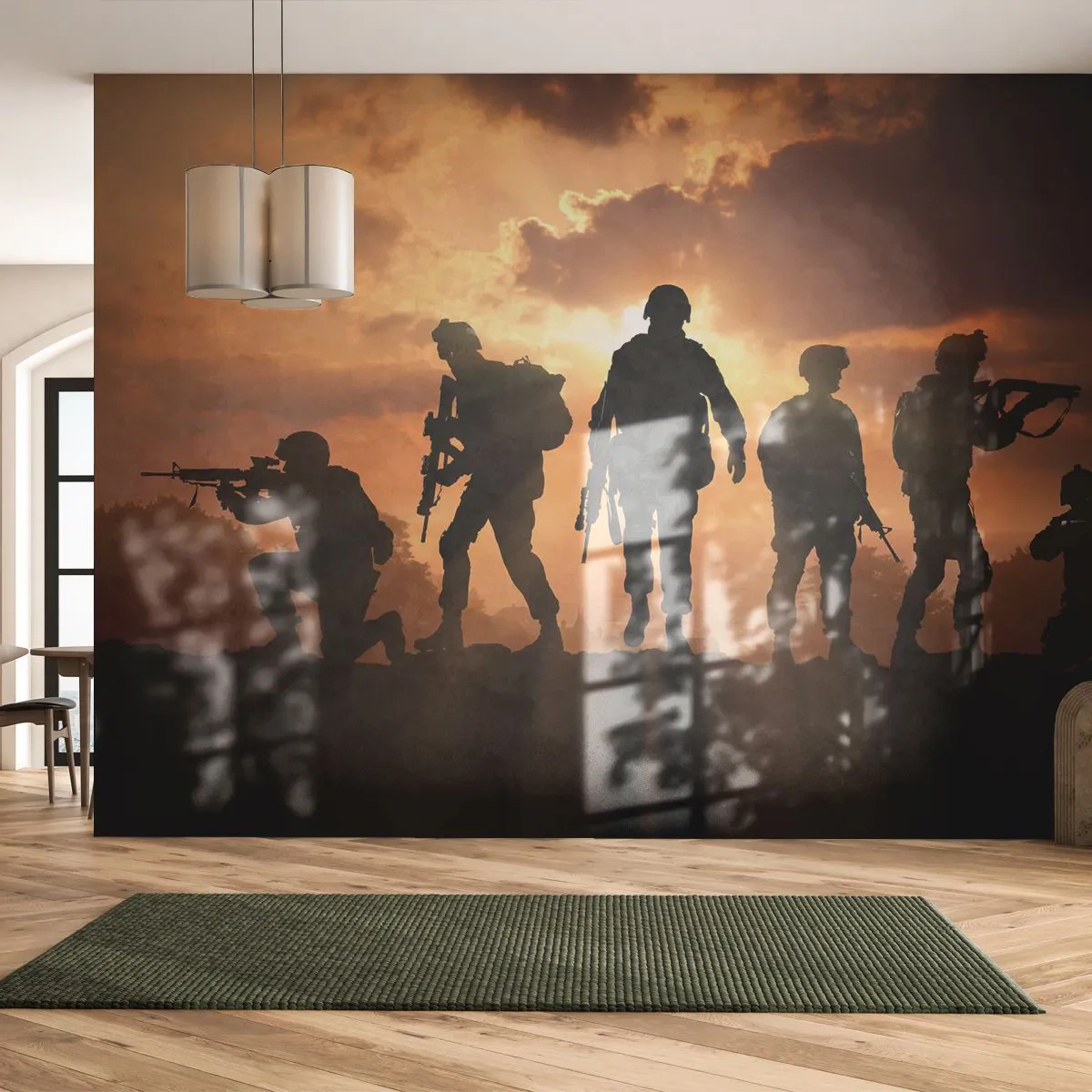 Fototapete Premium Sand - Silhouetten von Soldaten vor der untergehenden Sonne - 100x70cm - Waffenbrüder - Moderne Wanddekoration für Wohnzimmer und Schlafzimmer ARTTOR