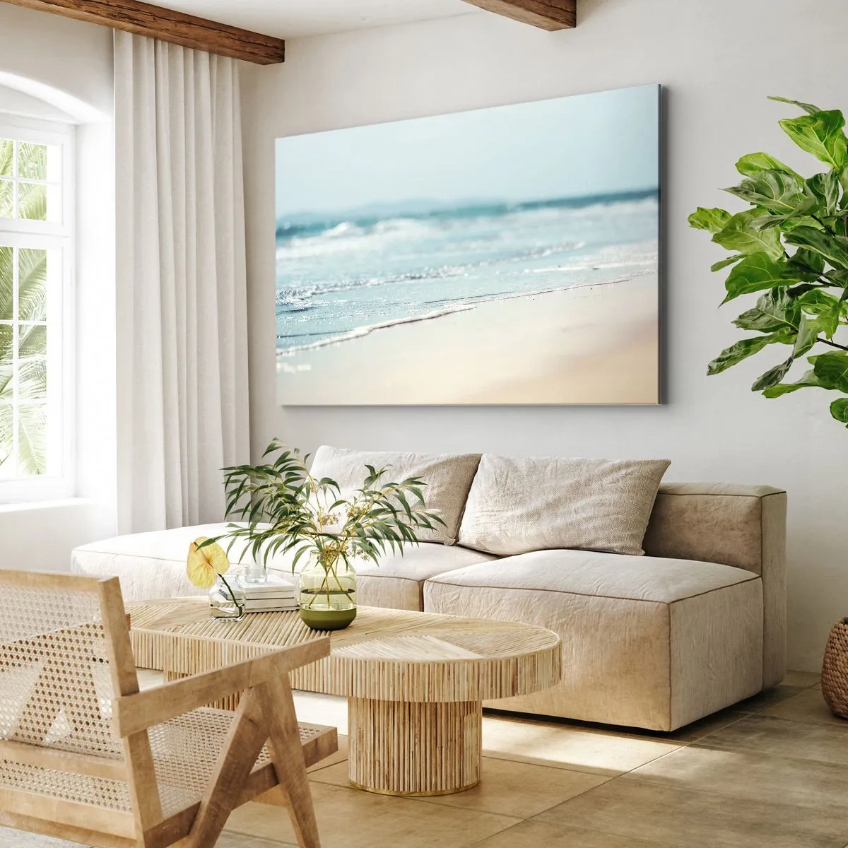 Bild auf Leinwand - Leinwandbild - Sanfte Meereswellen an einem Sandstrand - 120x80cm - Hitze und Lärm - Moderne Wanddekoration für Wohnzimmer und Schlafzimmer ARTTOR