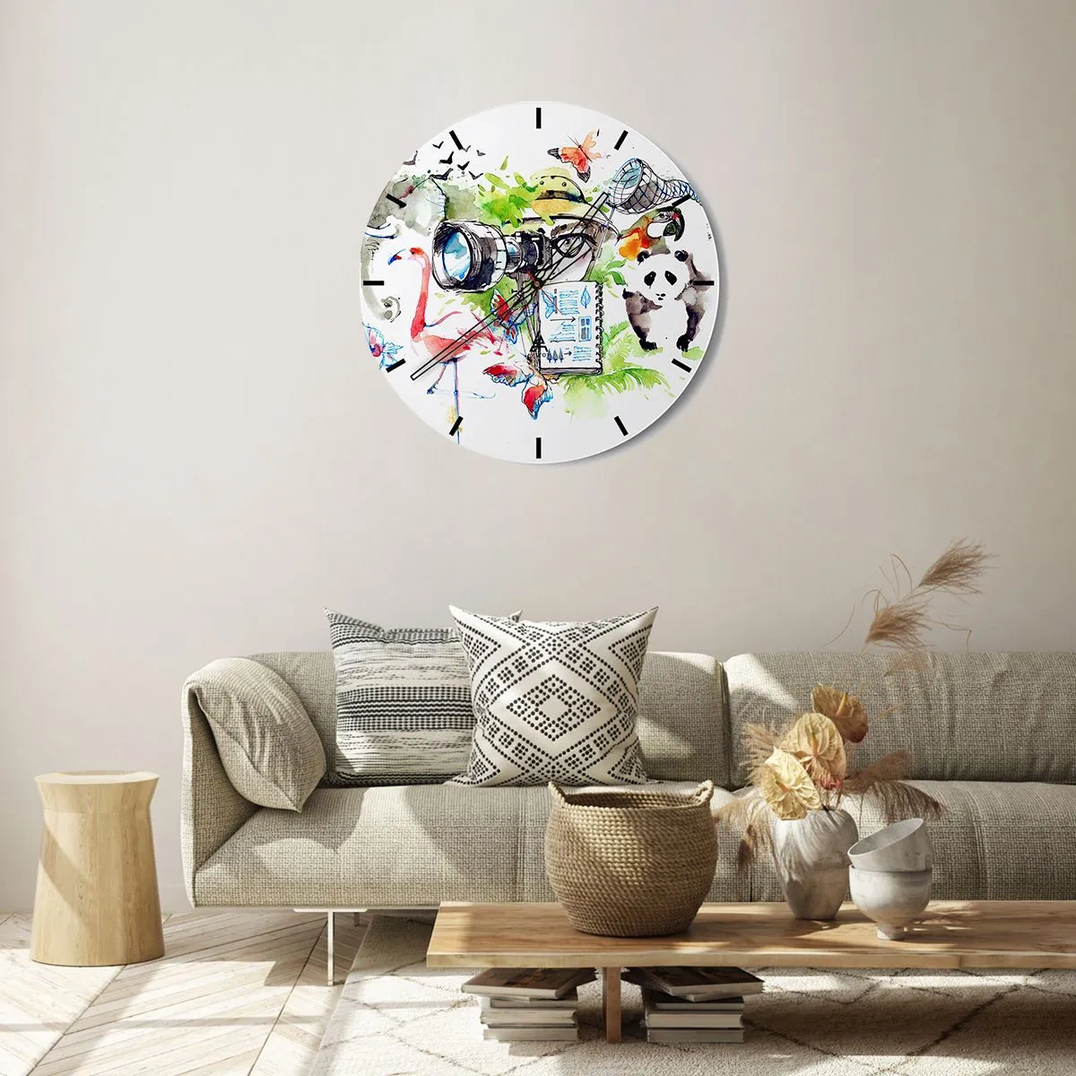 Wanduhr - Glasuhr - Bunte Uhr mit Safari-Motiv, Flamingo und Panda - 30x30cm - In der Linse eines Reisenden - Moderne Wanddekoration für Wohnzimmer, Küche und Schlafzimmer ARTTOR